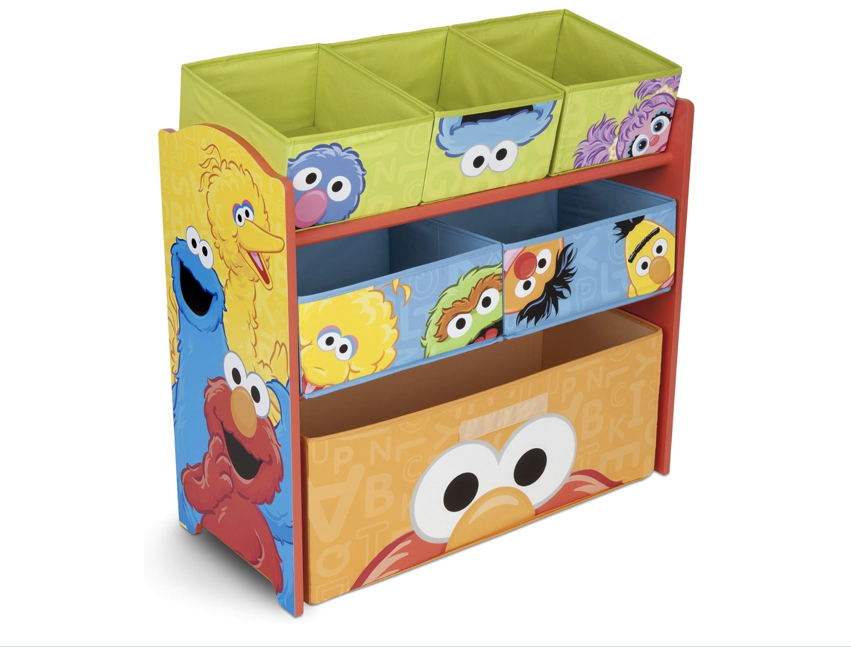 Colorful multi-bin toy organizer with multiple storage compartments for organizing toys of various sizes.