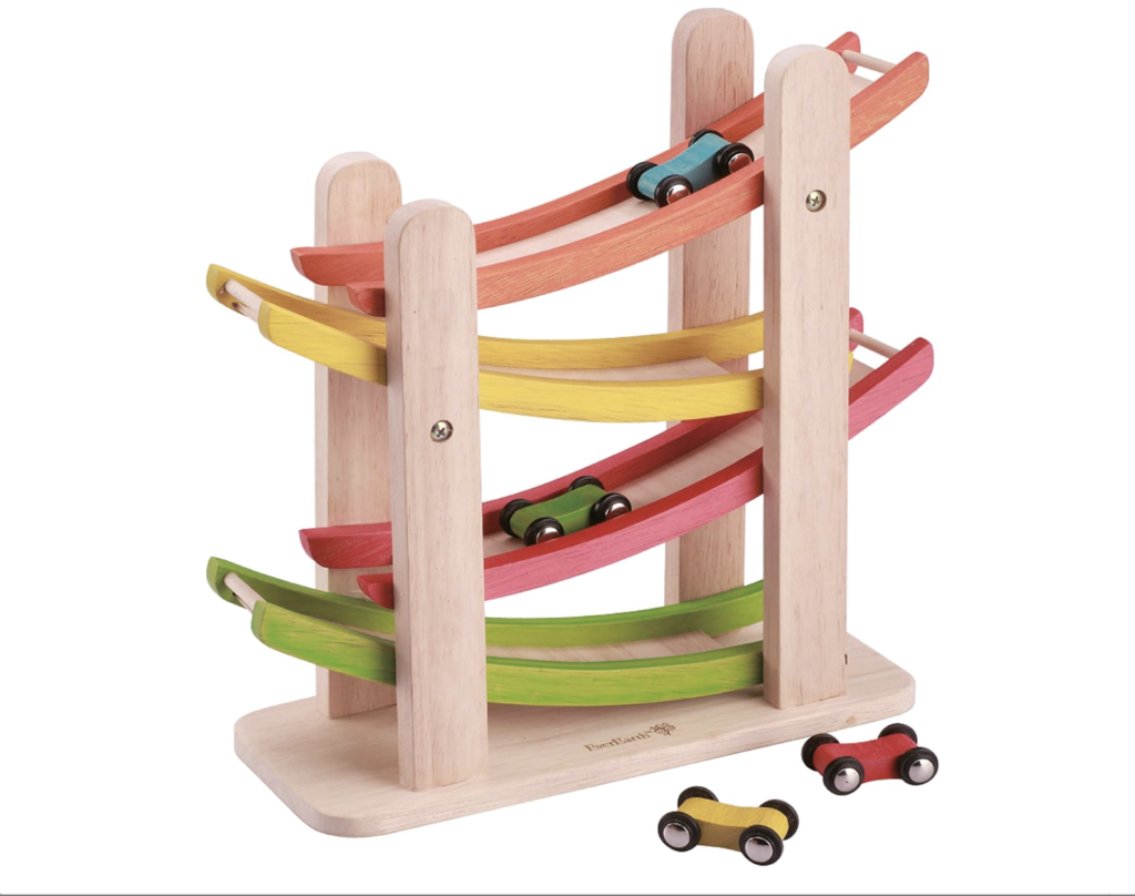 EverEarth Jr. Ramp Racer engaging wooden toy with racing ramps