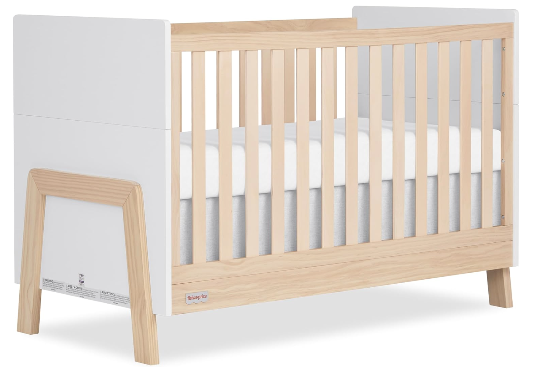 A vintage white oak 4-in-1 convertible crib, crafted from New Zealand pine wood, with a sleek, timeless design that grows with the baby.A vintage white oak 4-in-1 convertible crib, crafted from New Zealand pine wood, with a sleek, timeless design that grows with the baby.