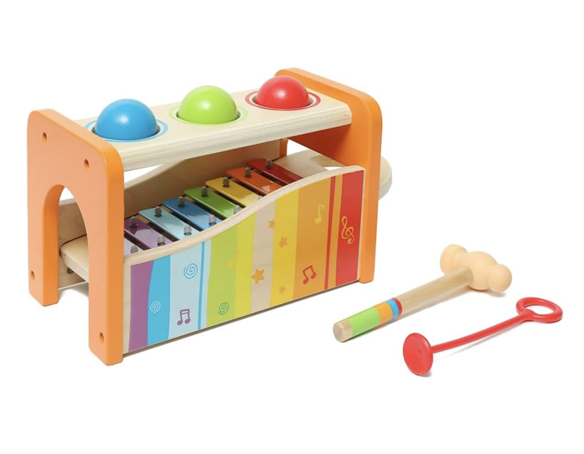 Wooden bench toy with a slide-out xylophone for musical play