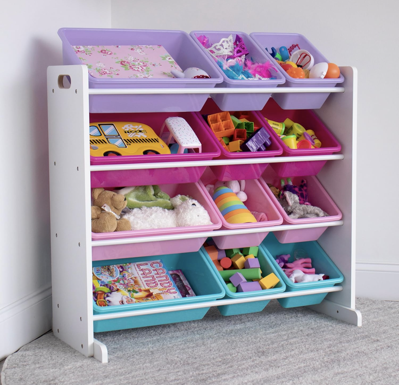 Toy organizer with colorful storage bins for easy toy organization in small spaces.