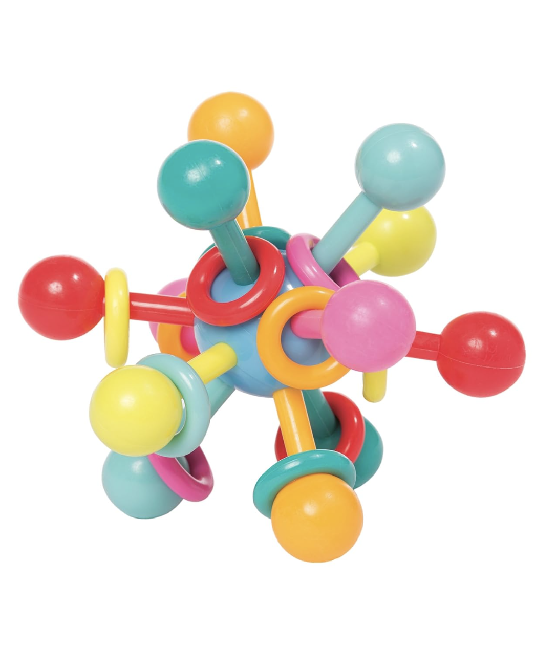 Colorful atom-shaped baby toy with soft silicone loops and rattling center for sensory exploration.