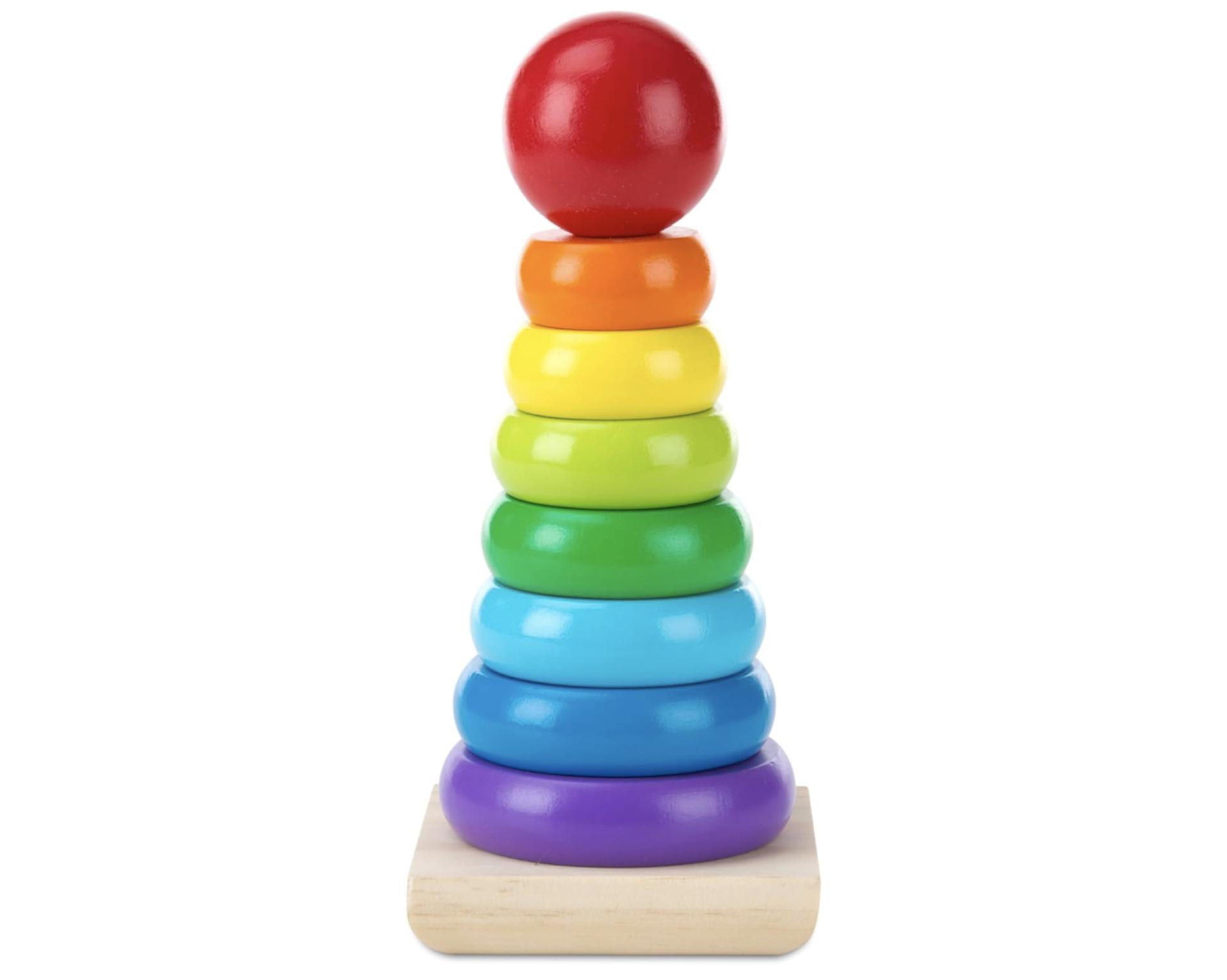 Wooden stacking toy with colorful rings and a sturdy base