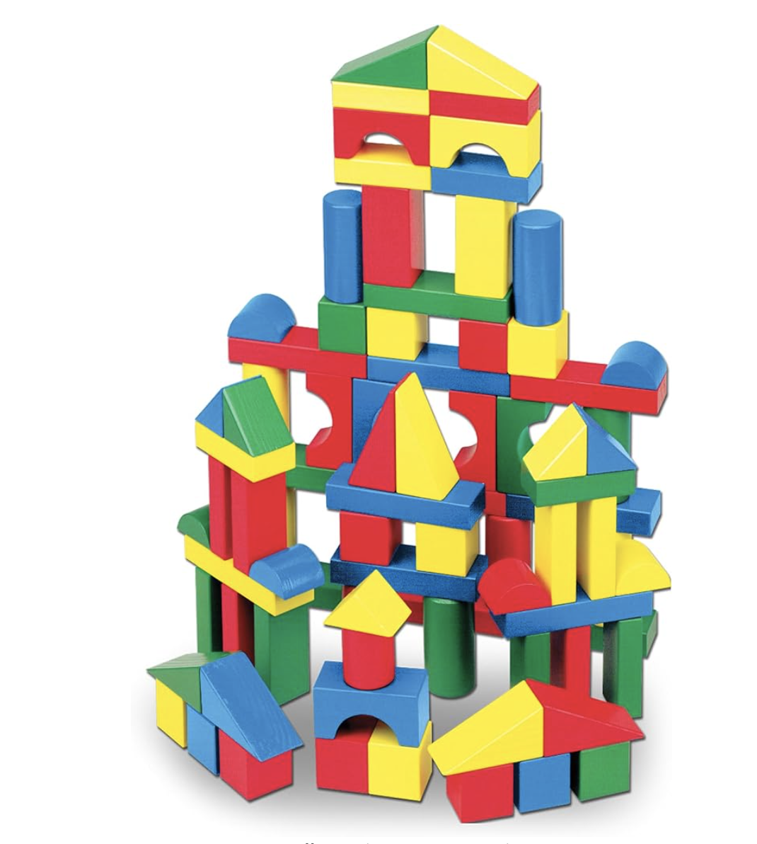 Set of wooden building blocks in various shapes and colors