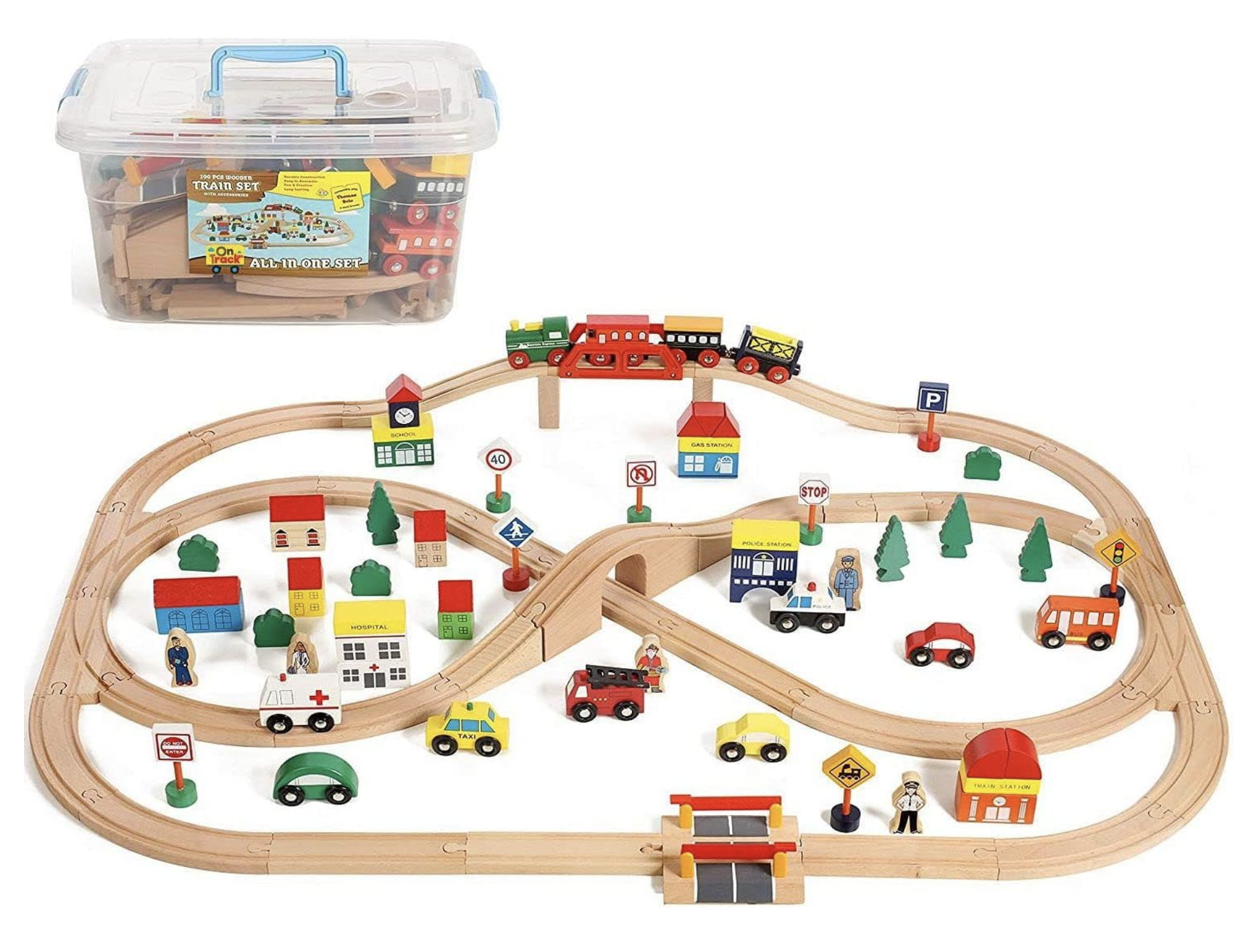 Wooden train set with tracks, trains, and accessories for imaginative play