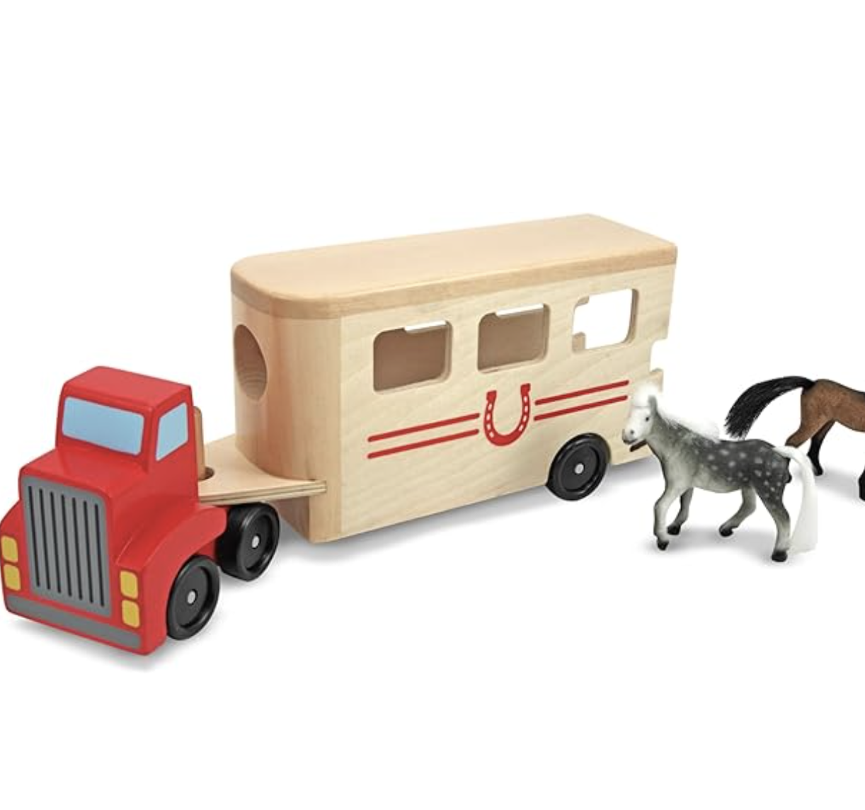 Wooden horse carrier toy with horses and ramp for imaginative play