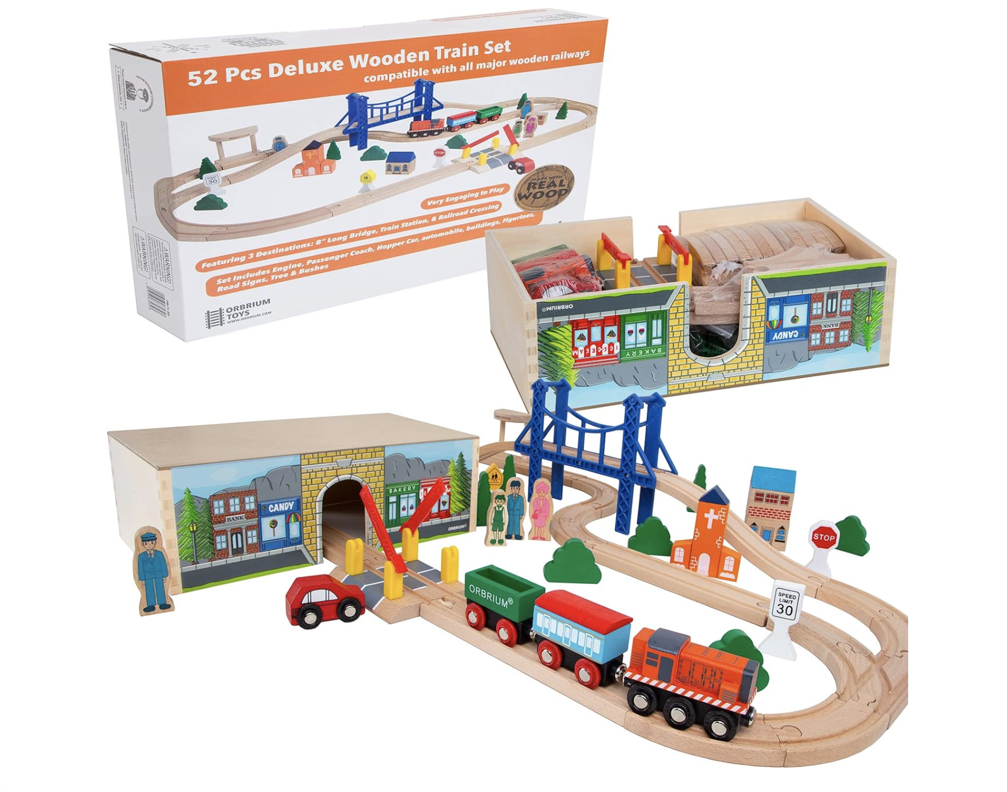 Deluxe wooden train set with tracks, trains, and accessories for creative play