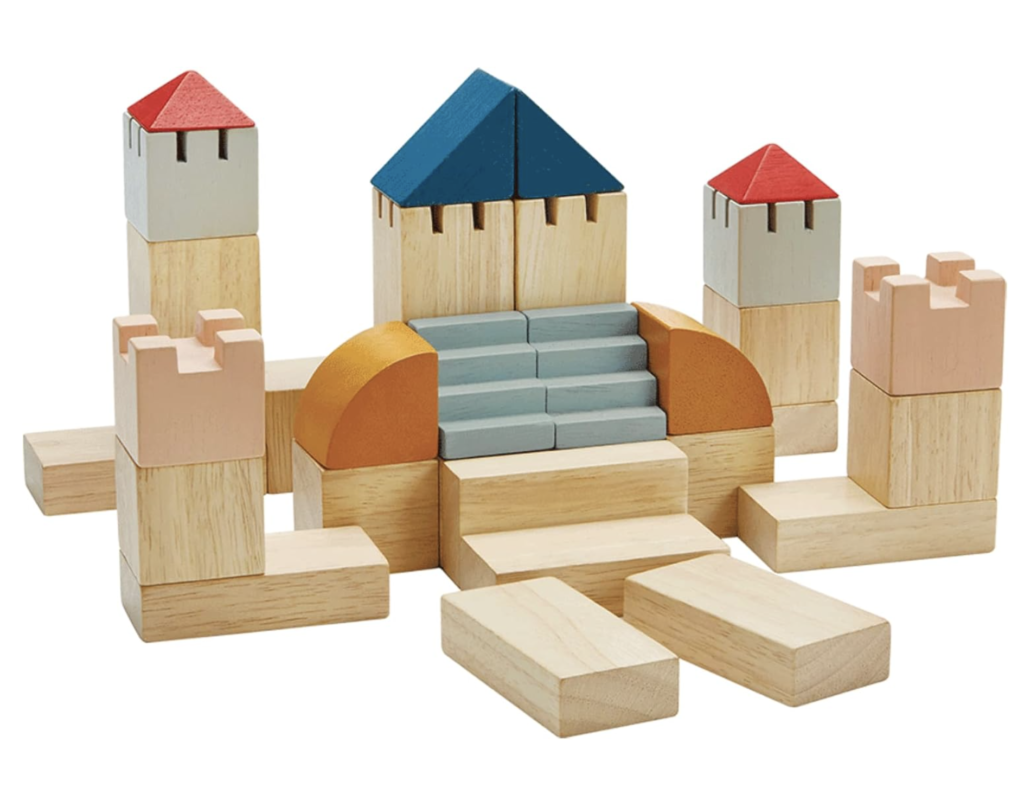 Set of eco-friendly wooden blocks in various shapes and colors