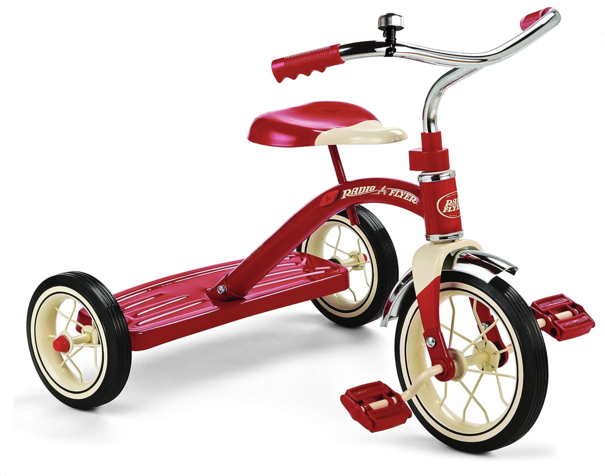 Classic red tricycle with a sturdy design and adjustable features