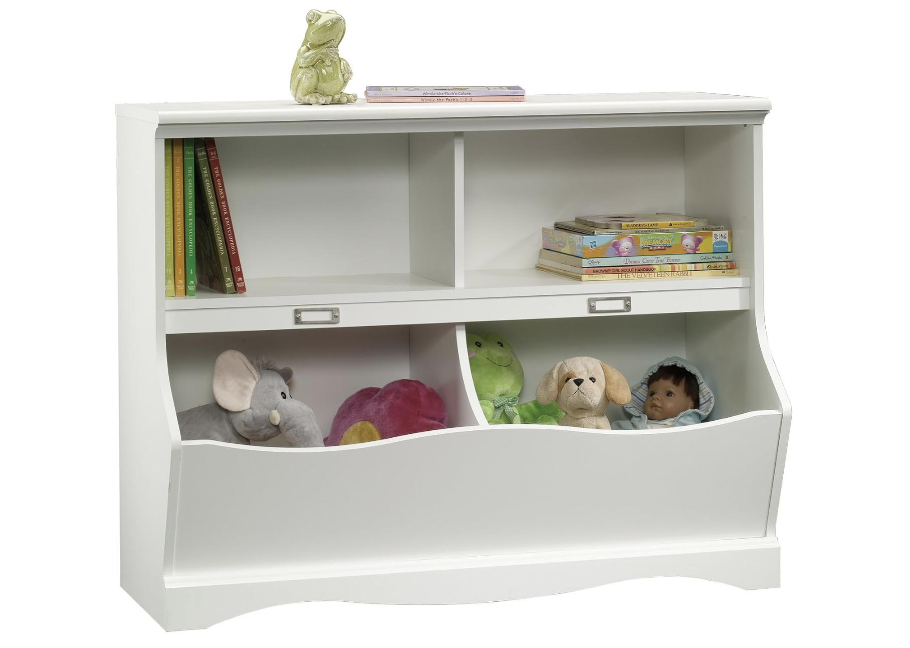 Stylish bookcase with built-in reading nook and storage bins, ideal for organizing toys and books.