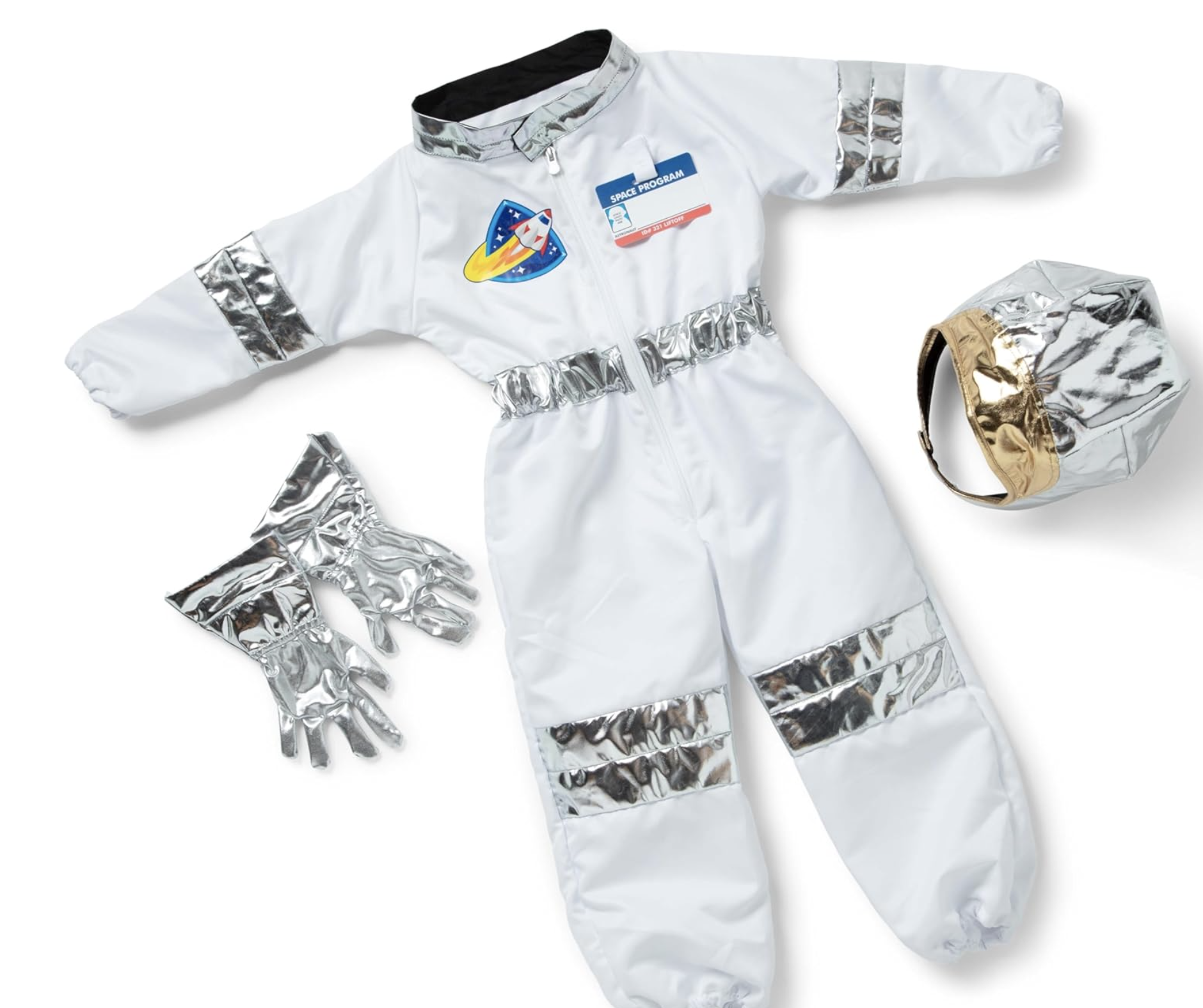 Toddler in a white astronaut costume with helmet and space patches.