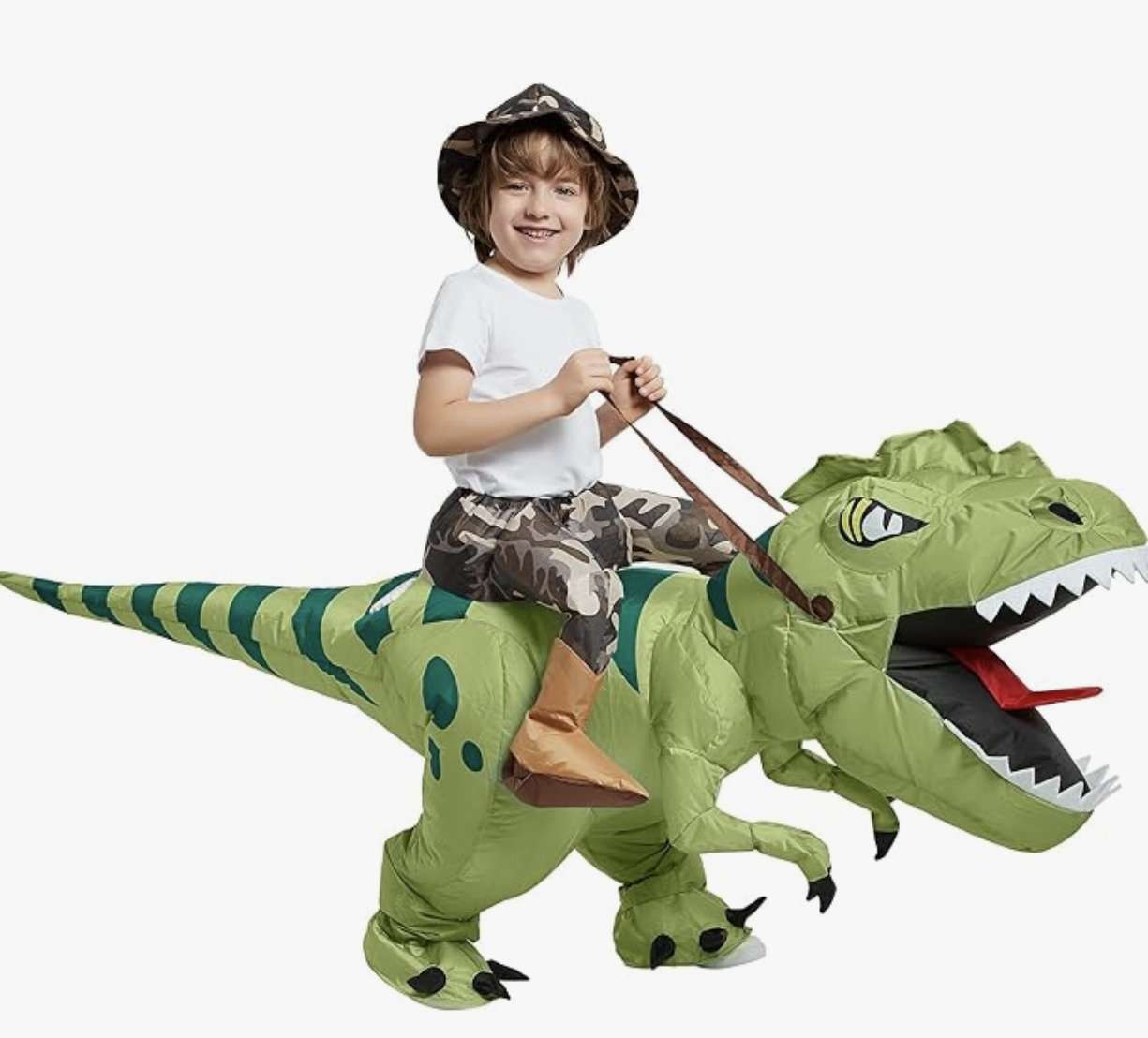 Toddler in a bright green inflatable dinosaur costume with spikes and a long tail.