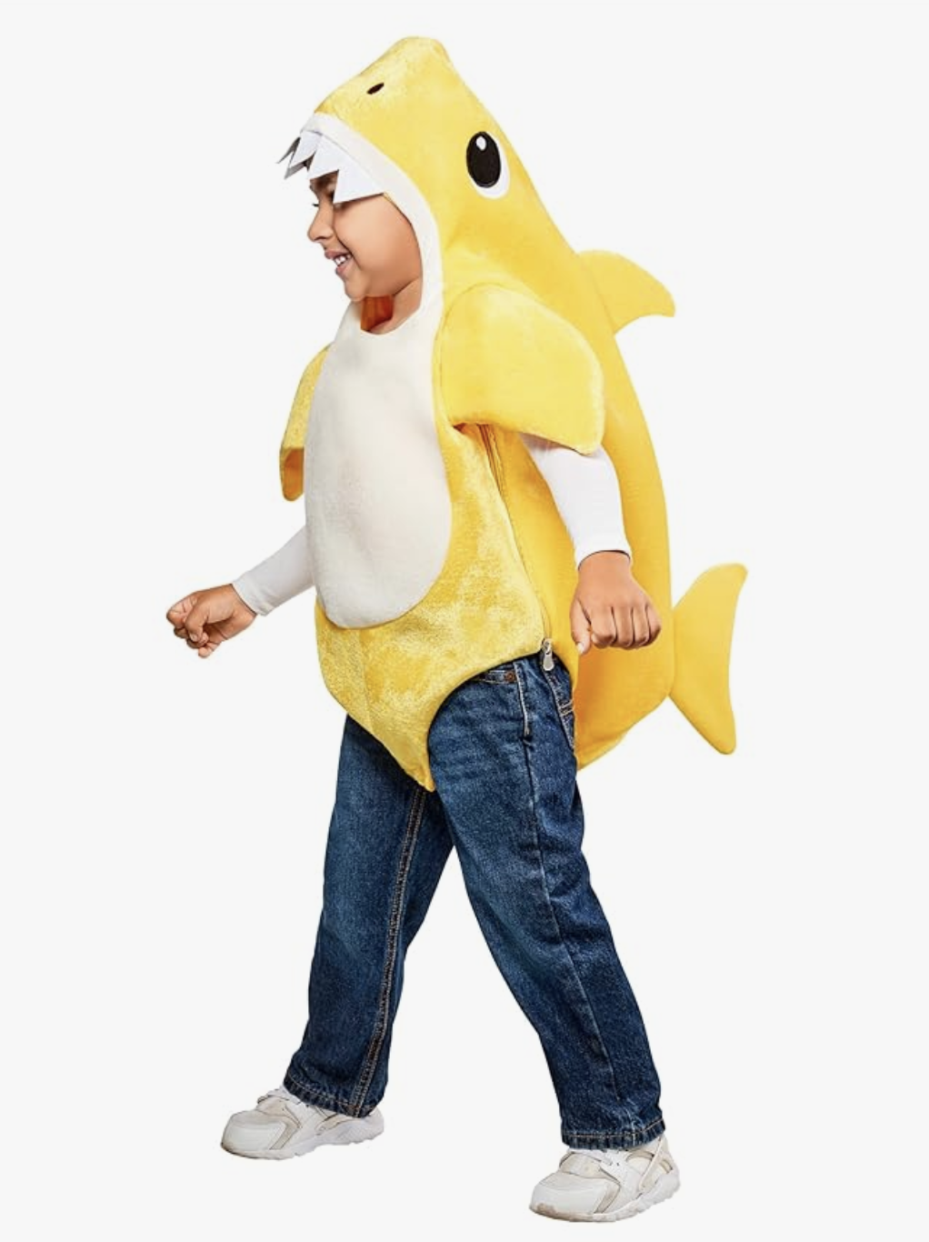 Toddler dressed in a plush yellow Baby Shark costume with an attached hood featuring a smiling shark face.