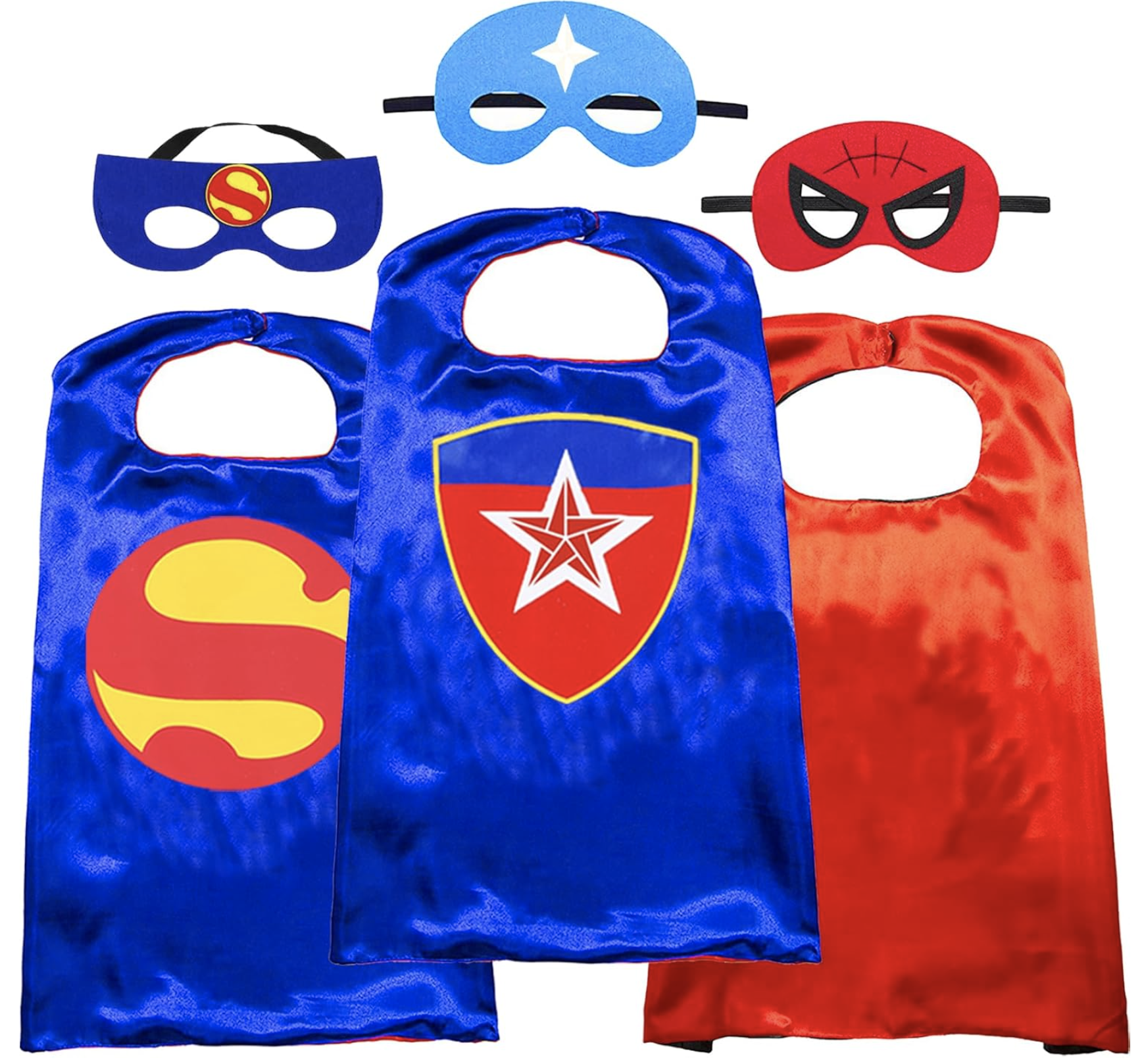 Toddler wearing a colorful superhero cape and mask set, ready for adventure.